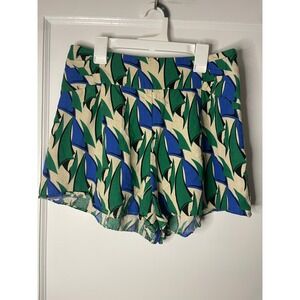 Zara Green Blue Leaf Print Pleated High Waist Shorts Women's Medium